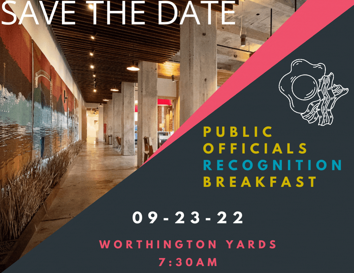 Save the date image with floating eggs and bacon. Background image of Worthington Yards common area.